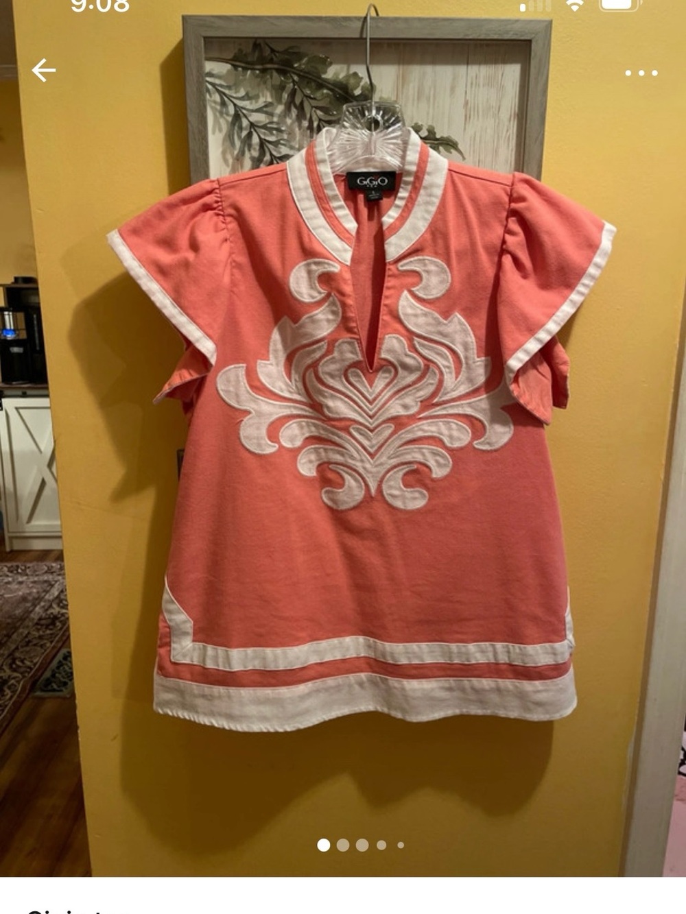 G.G. & Co. Coral Embroidered Split-Neck Flutter Sleeve Top